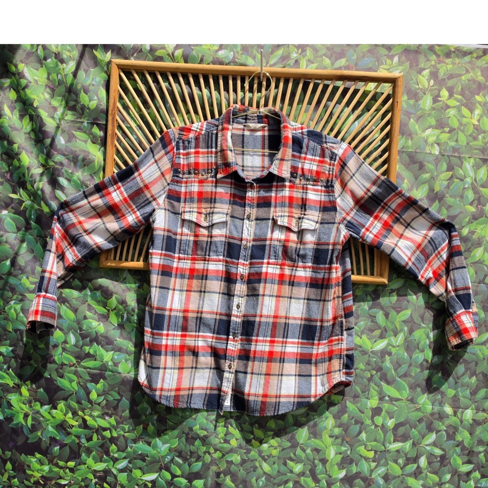 Lucky Brand Womens Studded Plaid Flannel Button Down Shirt Red Navy Tan Medium